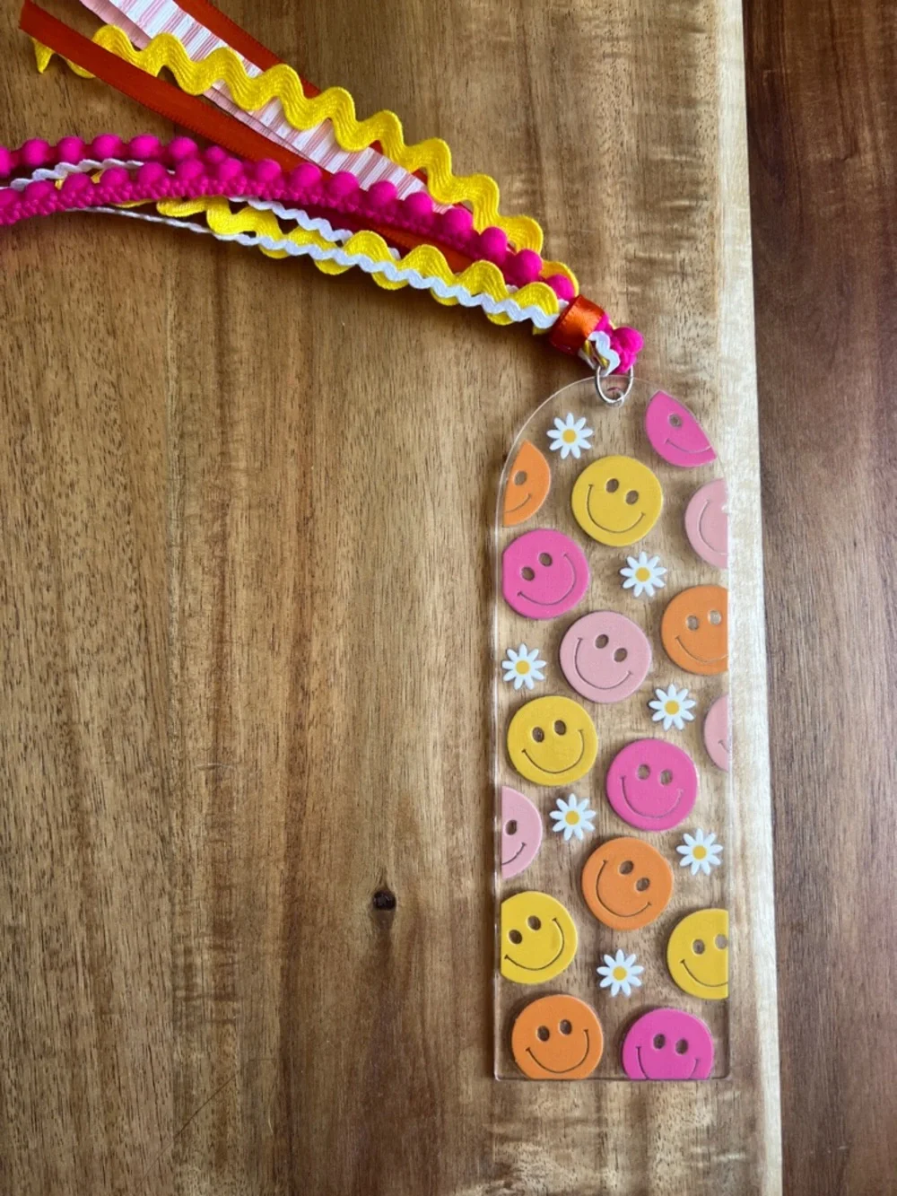 Handmade Smiley Face & Daisy Keychain and Bookmark Set - Pink, Yellow, Orange